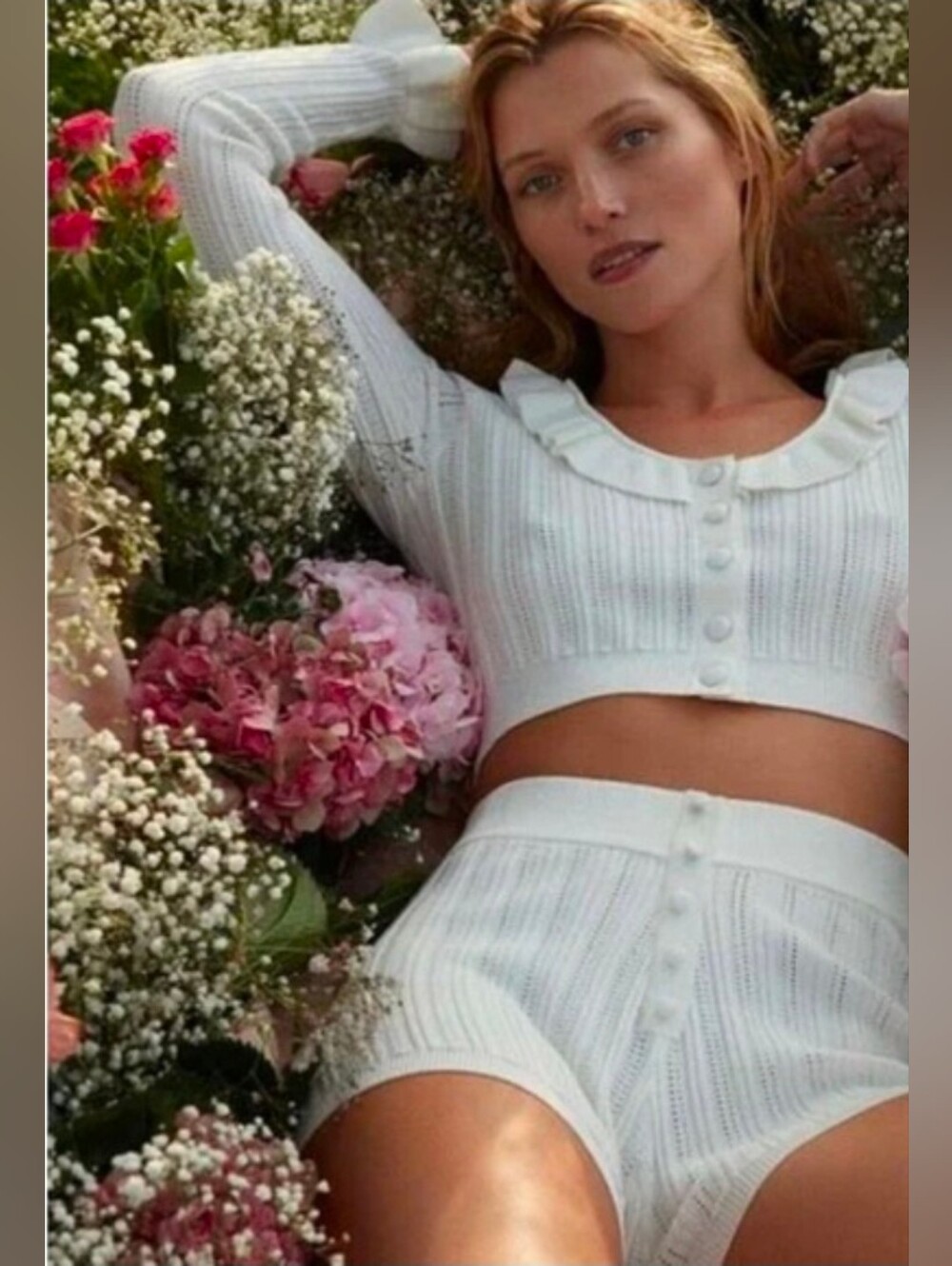 For Love & Lemons Camille Knit Cardigan Shorts 2 Piece Set lounge Ivory PJ